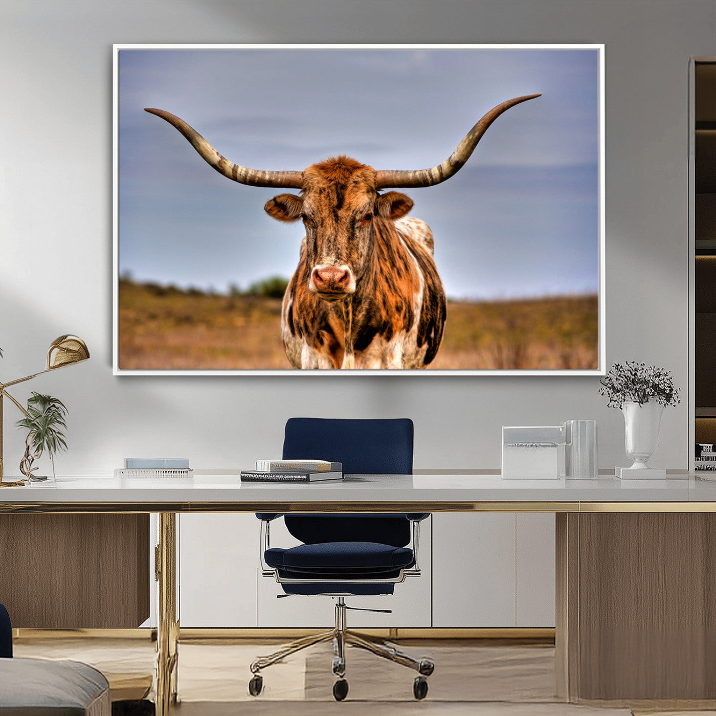 18594-MGV-CV-36X24-Texas Longhorn Bull Wall Art – Rustic Western Cattle Canvas Print, Country Farmhouse Decor for Living Room, Office or Cabin
