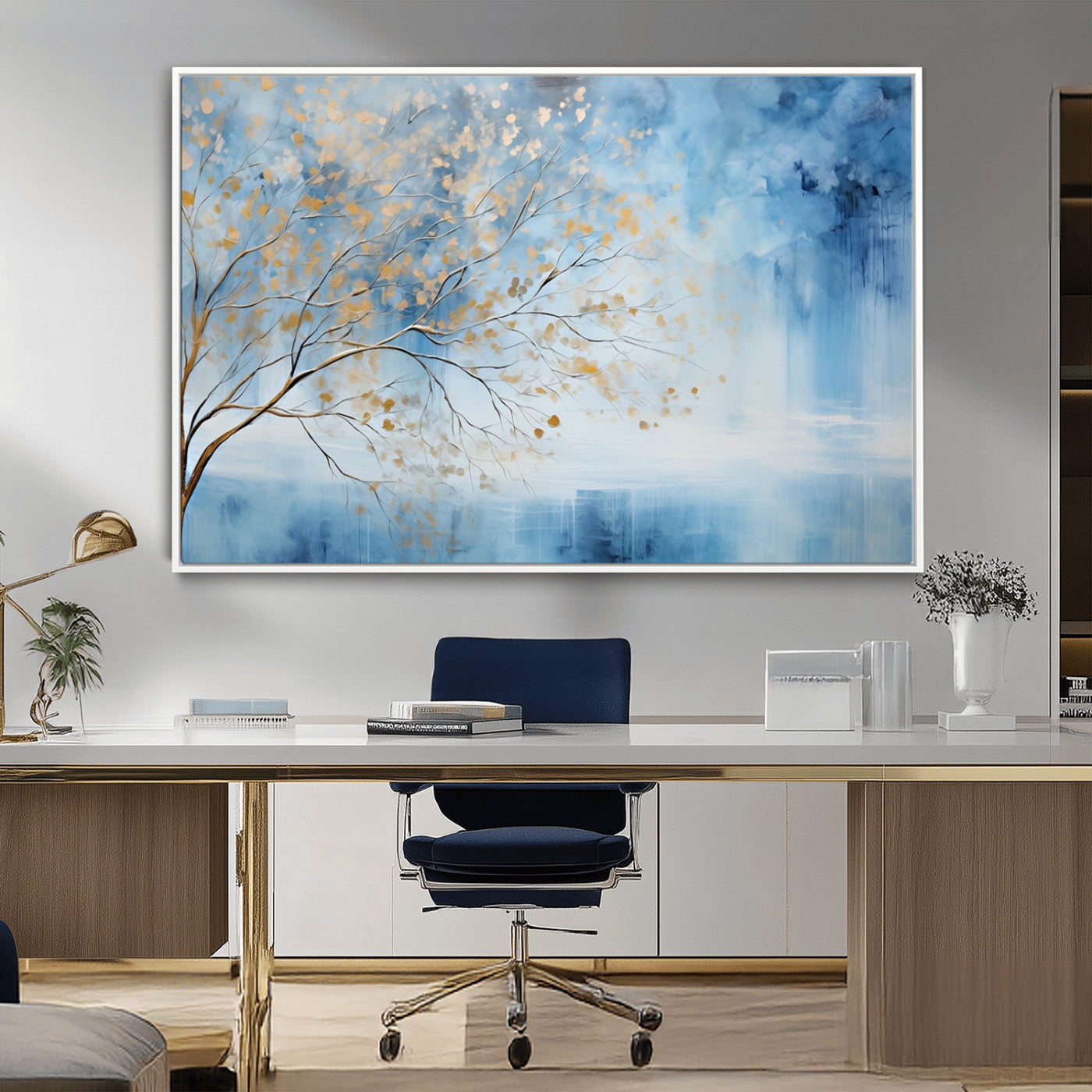 23891-MGV-CV-36X24-Abstract Tree Wall Art – Minimalist Blue and Gold Canvas Painting, Elegant Nature-Inspired Artwork for Living Room, Bedroom or