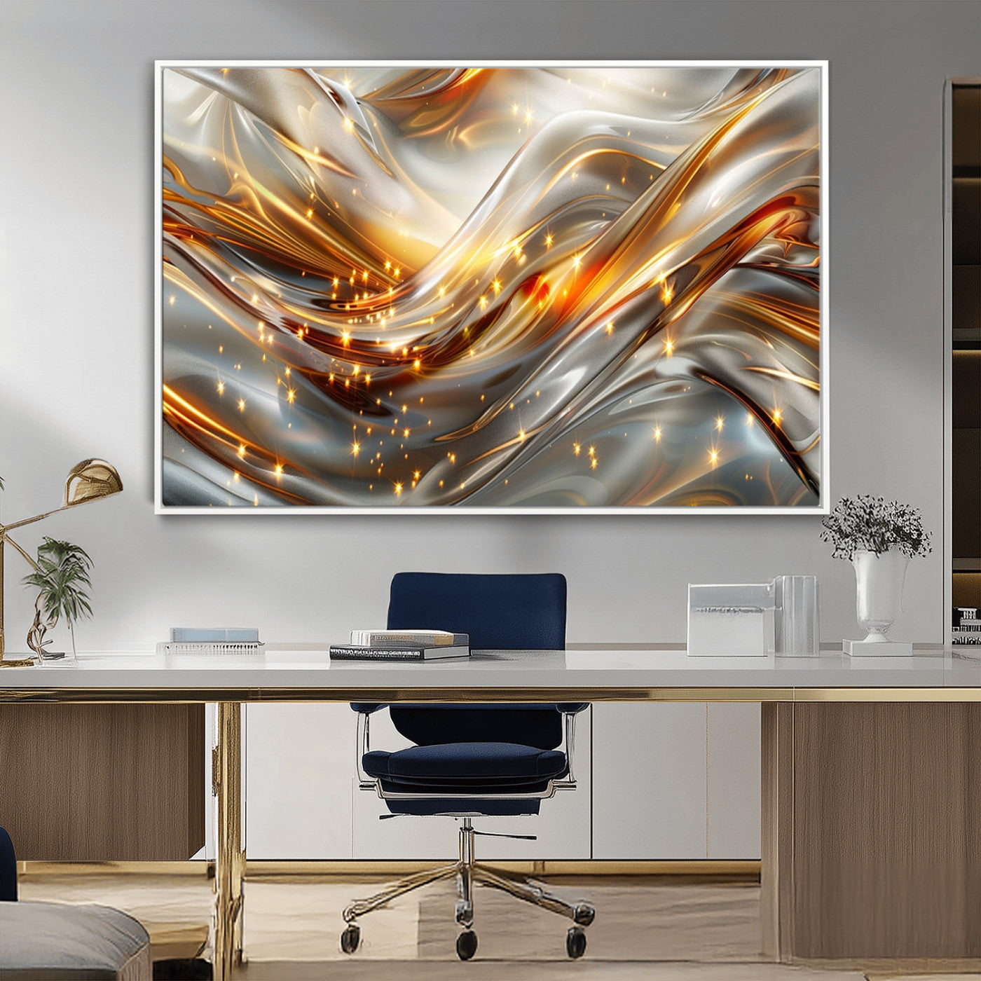 Lines1-MGV-CV-36X24-Abstract Metallic Wall Art – Silver and Gold Wave Canvas Print with Sparkling Accents, Modern Luxury Decor for Living Room, Office