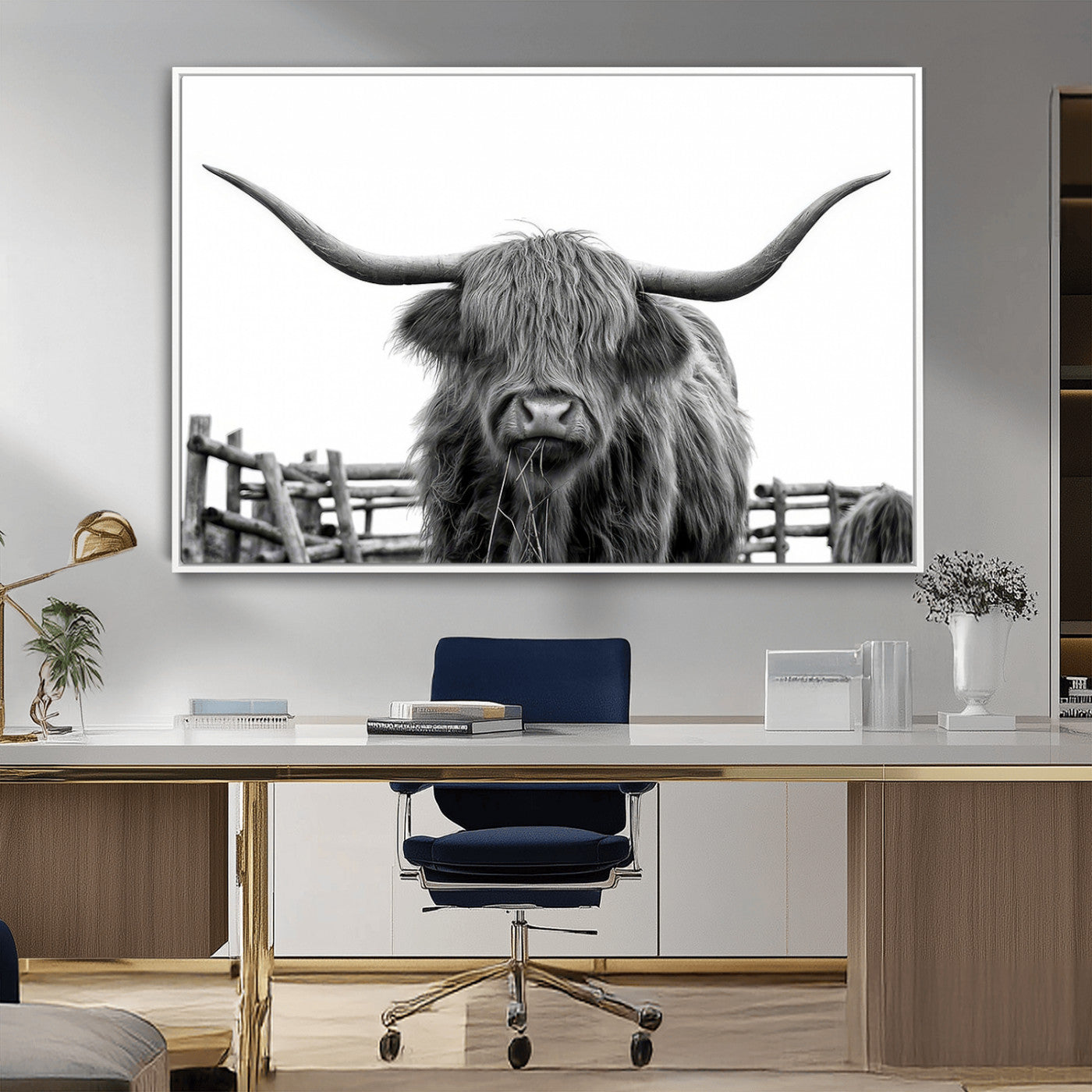 58188-MGV-CV-36X24-Highland Cow Wall Art – Black and White Rustic Farmhouse Canvas Print, Longhorn Cattle Photography Decor for Living Room or