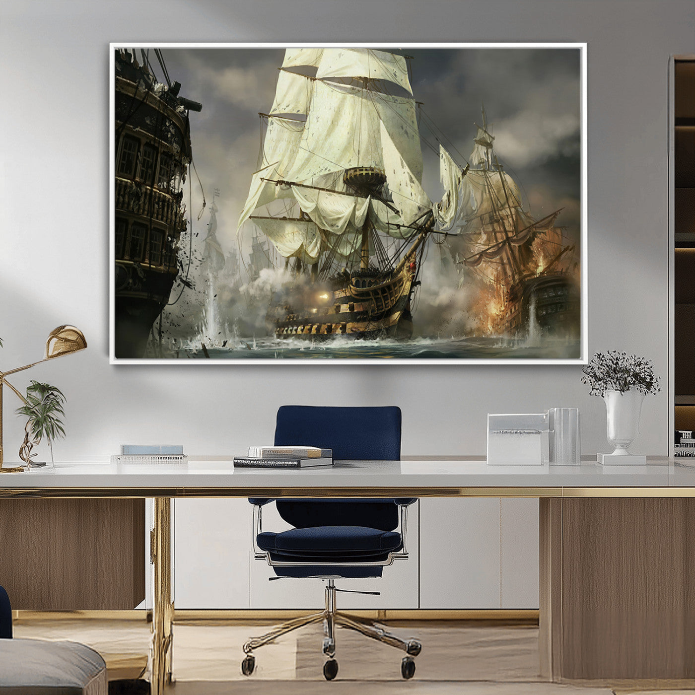 26512-MGV-CV-36X24-Naval Battle Wall Art – Dramatic Tall Ship Canvas Print, Historic Pirate Sailing War Scene, Nautical Decor for Office, Study or