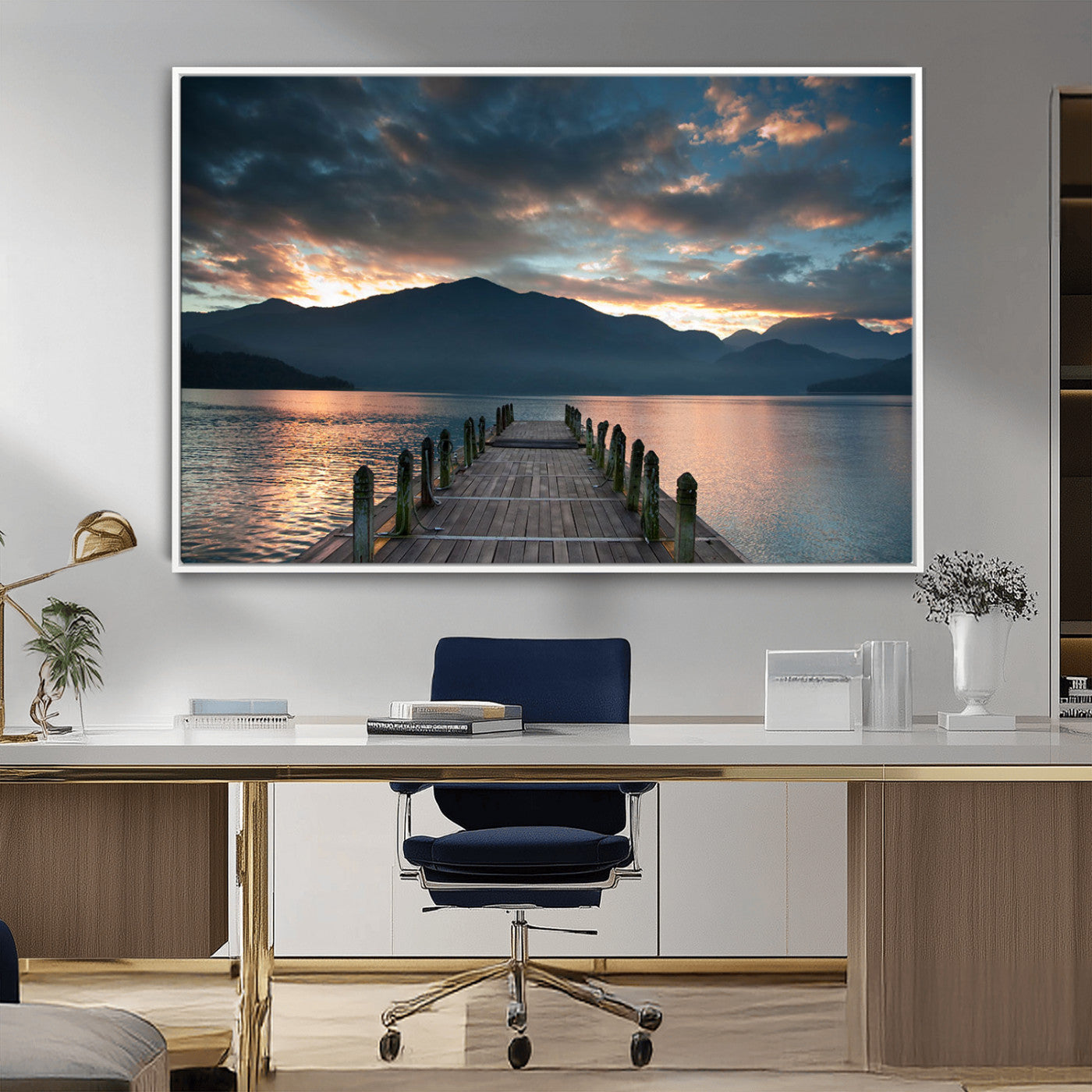 20442-MGV-CV-36X24-Lakeside Sunset Dock Wall Art – Peaceful Mountain Lake Canvas Print, Serene Nature Landscape Decor for Living Room, Bedroom or
