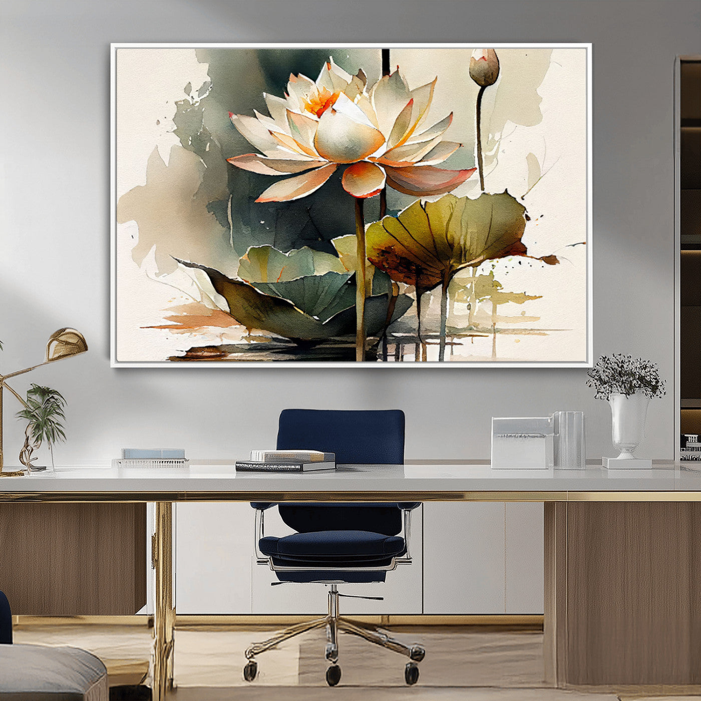 62531-MGV-FC-36X24_White-Lotus Flower Wall Art – Watercolor Botanical Canvas Print, Tranquil Nature Artwork for Living Room, Bedroom or Meditation Space