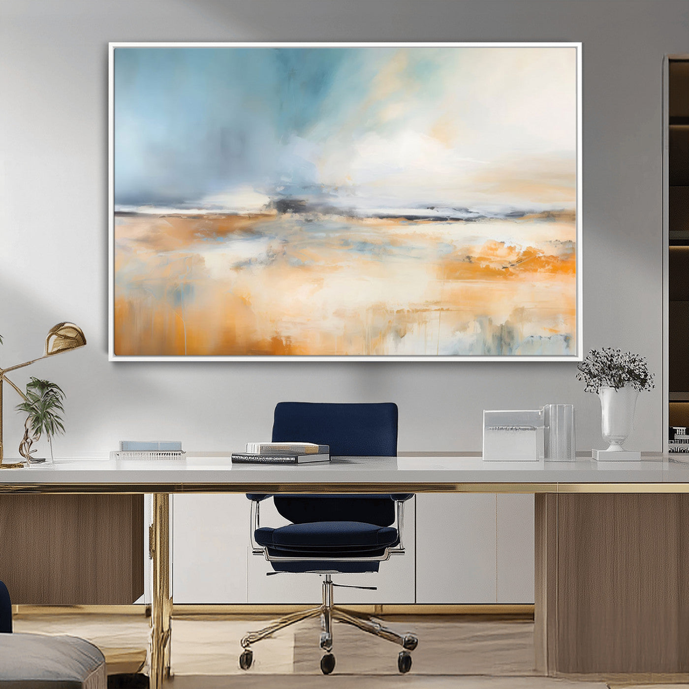 92764-MGV-CV-36X24-Abstract Landscape Wall Art – Modern Blue and Orange Canvas Print, Large Minimalist Painting for Living Room, Bedroom, Office or