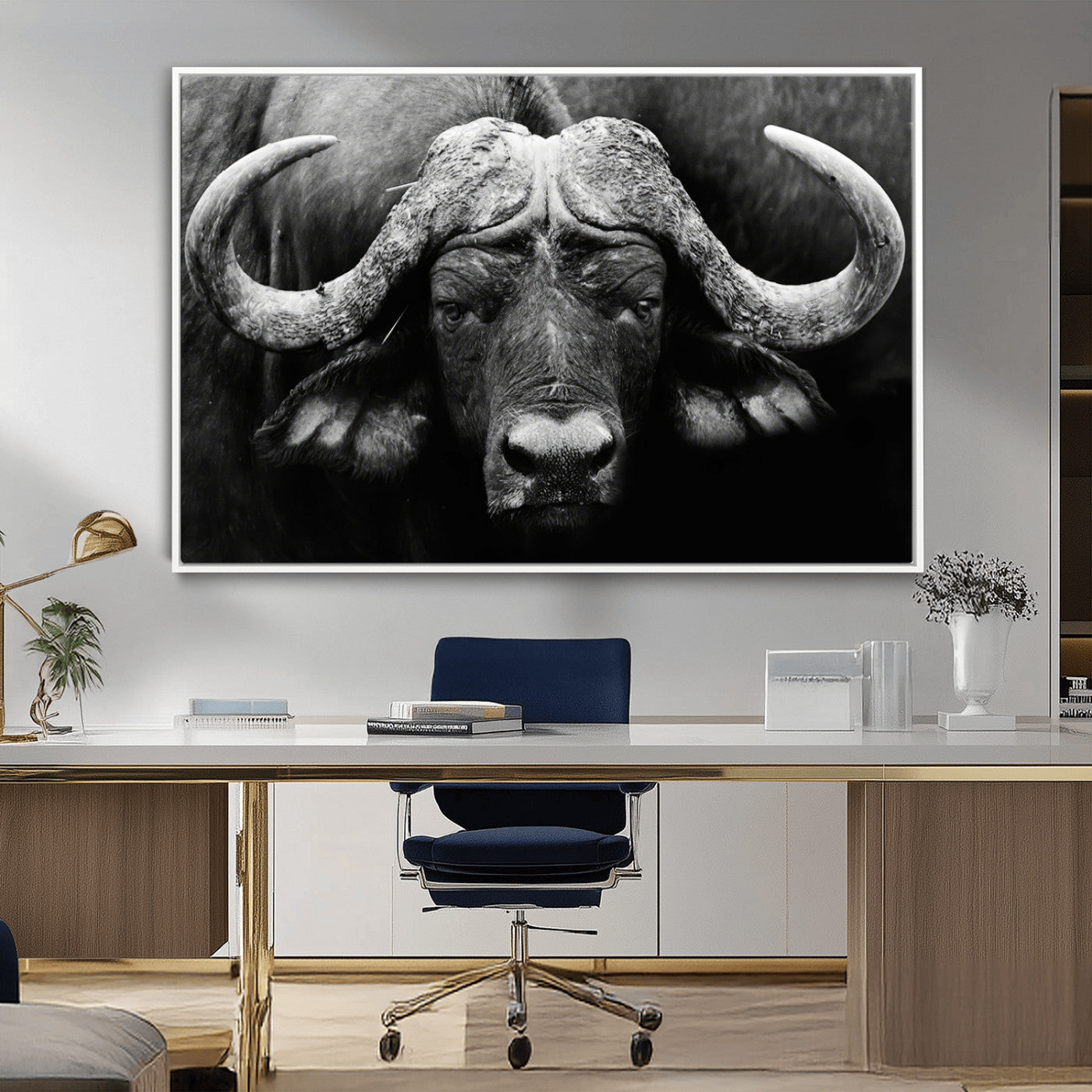 75273-MGV-CV-36X24-Buffalo Wall Art – Black and White African Buffalo Canvas Print, Rustic Wildlife Animal Artwork for Farmhouse, Living Room,