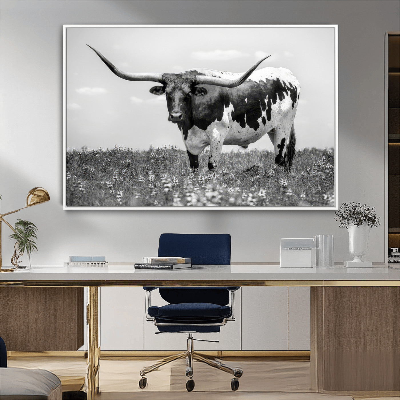 94709-MGV-CV-36X24-Texas Longhorn Wall Art – Black and White Bull Photography Canvas Print, Western Farmhouse Wall Decor for Living Room, Office or