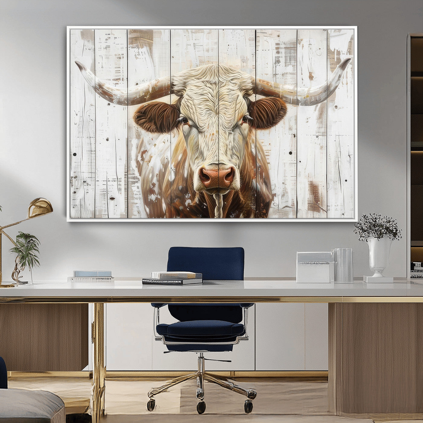 71551-MGV-CV-36X24-Longhorn Bull Wall Art – Rustic Western Cow Canvas Print, Farmhouse Animal Painting with Wood Plank Style for Living Room, Office