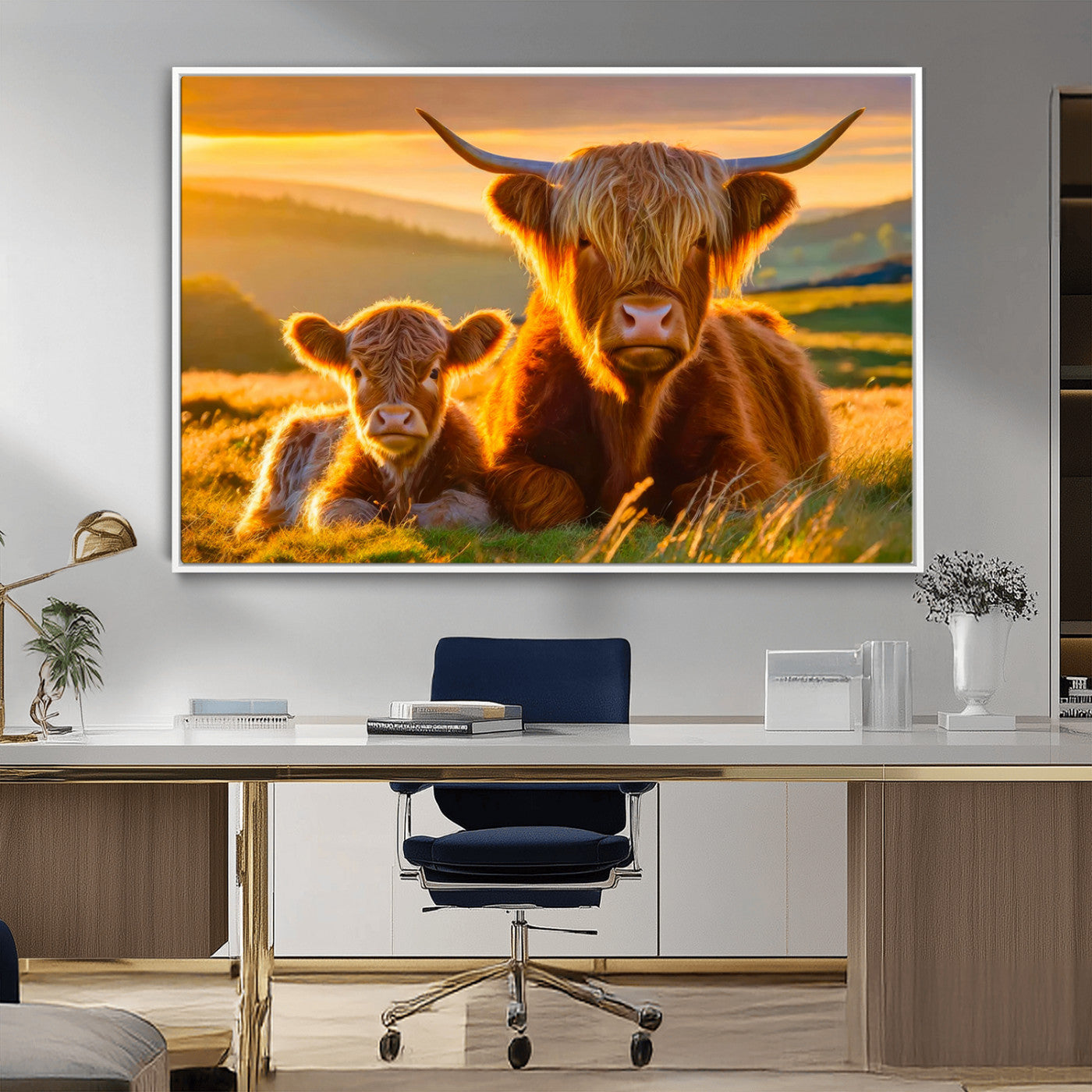 20567-MGV-CV-36X24-Highland Cow and Calf Wall Art – Rustic Farmhouse Sunset Cattle Canvas Print, Country Animal Artwork for Living Room, Bedroom, or