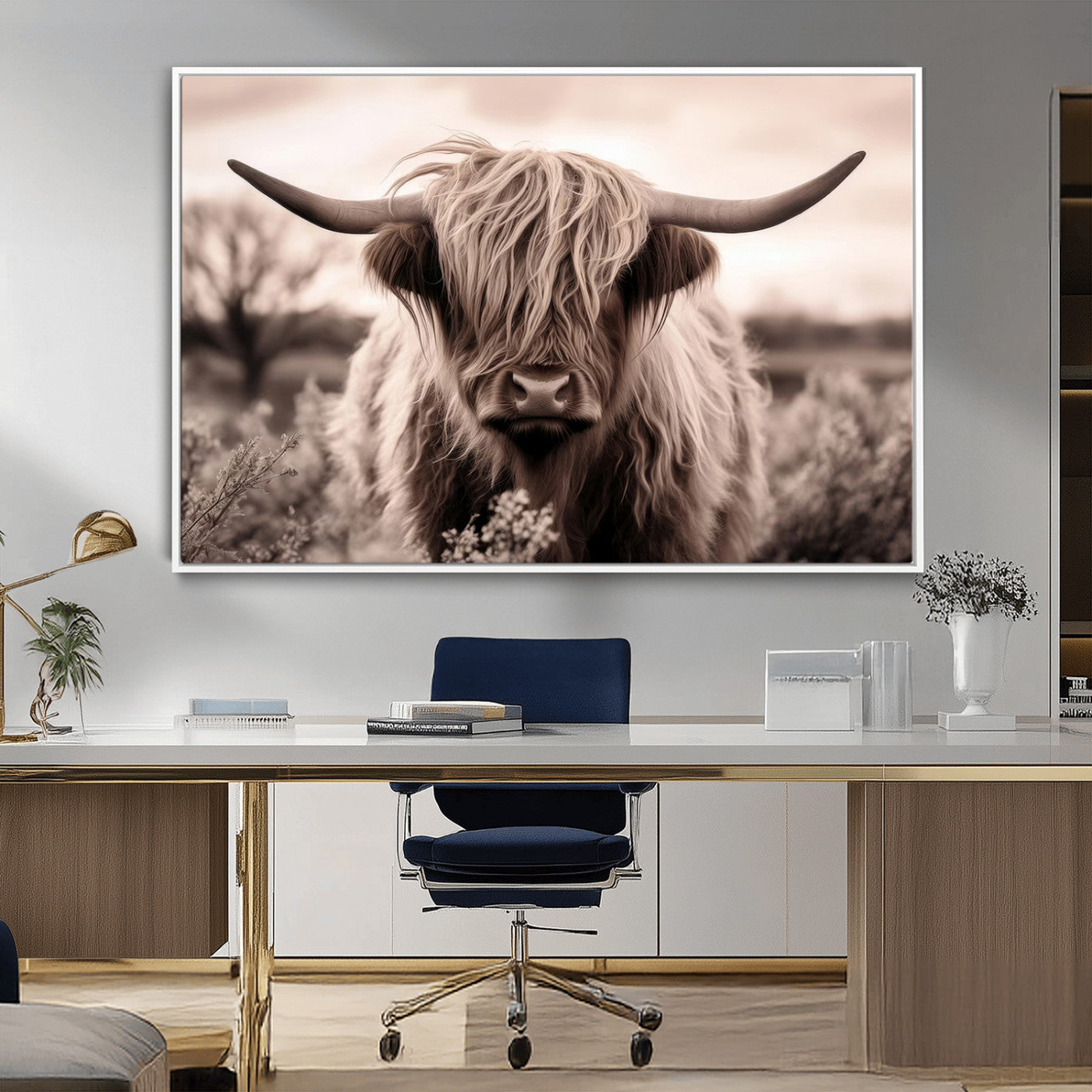 55903-MGV-FC-36X24_White-Highland Cow Wall Art – Rustic Sepia Scottish Highland Bull Canvas Print, Farmhouse Country Animal Decor for Living Room, Bedroom