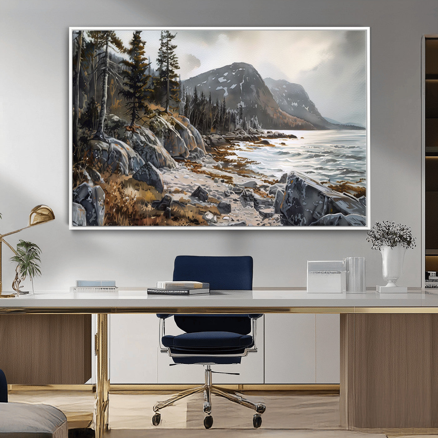 41281-MGV-FC-36X24_White-Rocky Shoreline Wall Art – Panoramic Mountain Coast and Forest Canvas Print, Rustic Nature Landscape Decor for Cabin, Lodge, or