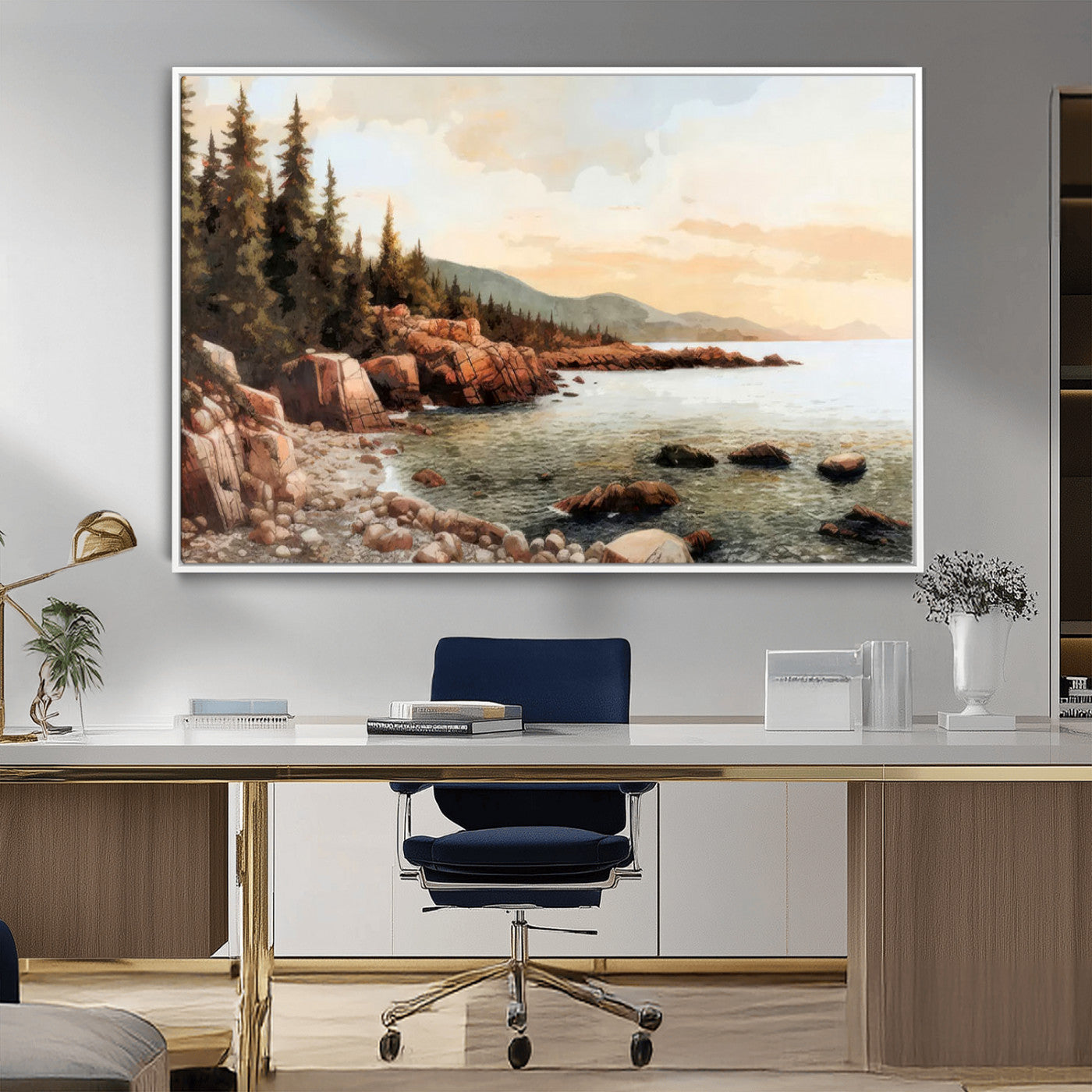 77145-MGV-FC-36X24_White-Coastal Landscape Wall Art – Panoramic Rocky Shoreline and Pine Trees Canvas Print, Rustic Nature Decor for Cabin, Lodge, Office,