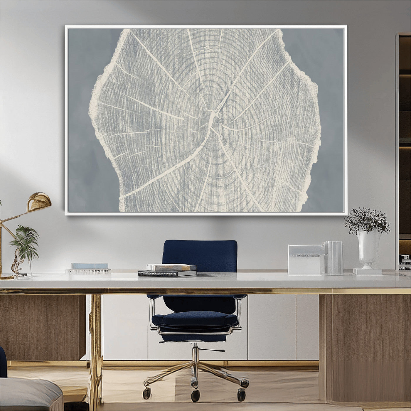 25547-MGV-FC-36X24_White-Tree Ring Wall Art Canvas Print, Framed Linocut Tree Ring Art Picture Print, Wood Texture Perfect Minimalist Farmhouse Decor