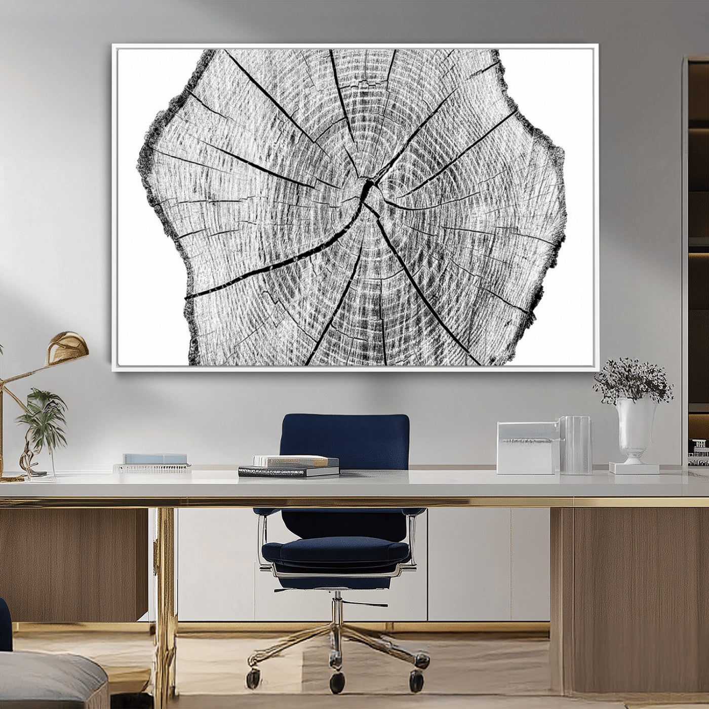 98709-MGV-FC-36X24_White-Tree Ring Wall Art – Black and White Canvas Print Rustic Wood Cross Section, Minimal Nature Inspired Decor for Living Room,
