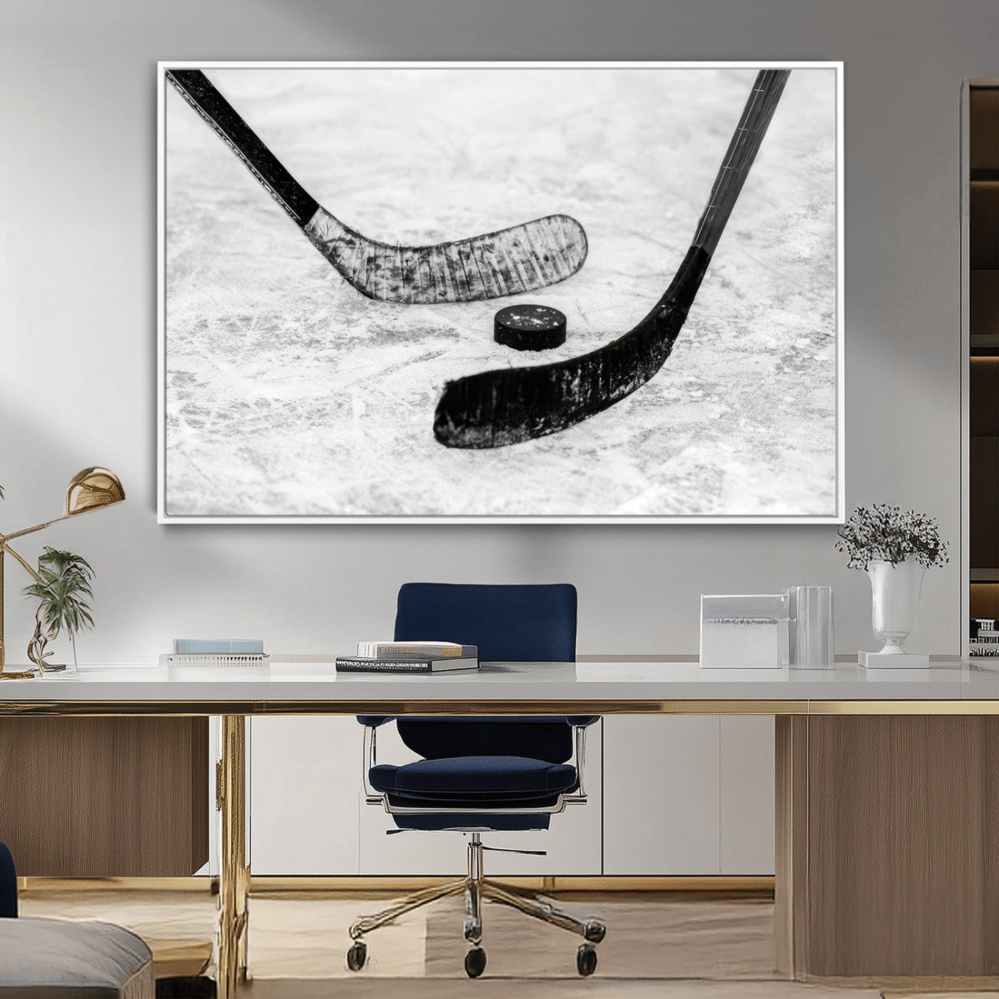 82900-MGV-CV-36X24-Hockey Wall Art – Black and White Canvas Print Ice Rink Sticks Puck Sports Photography, Modern Decor for Game Room, Man Cave,