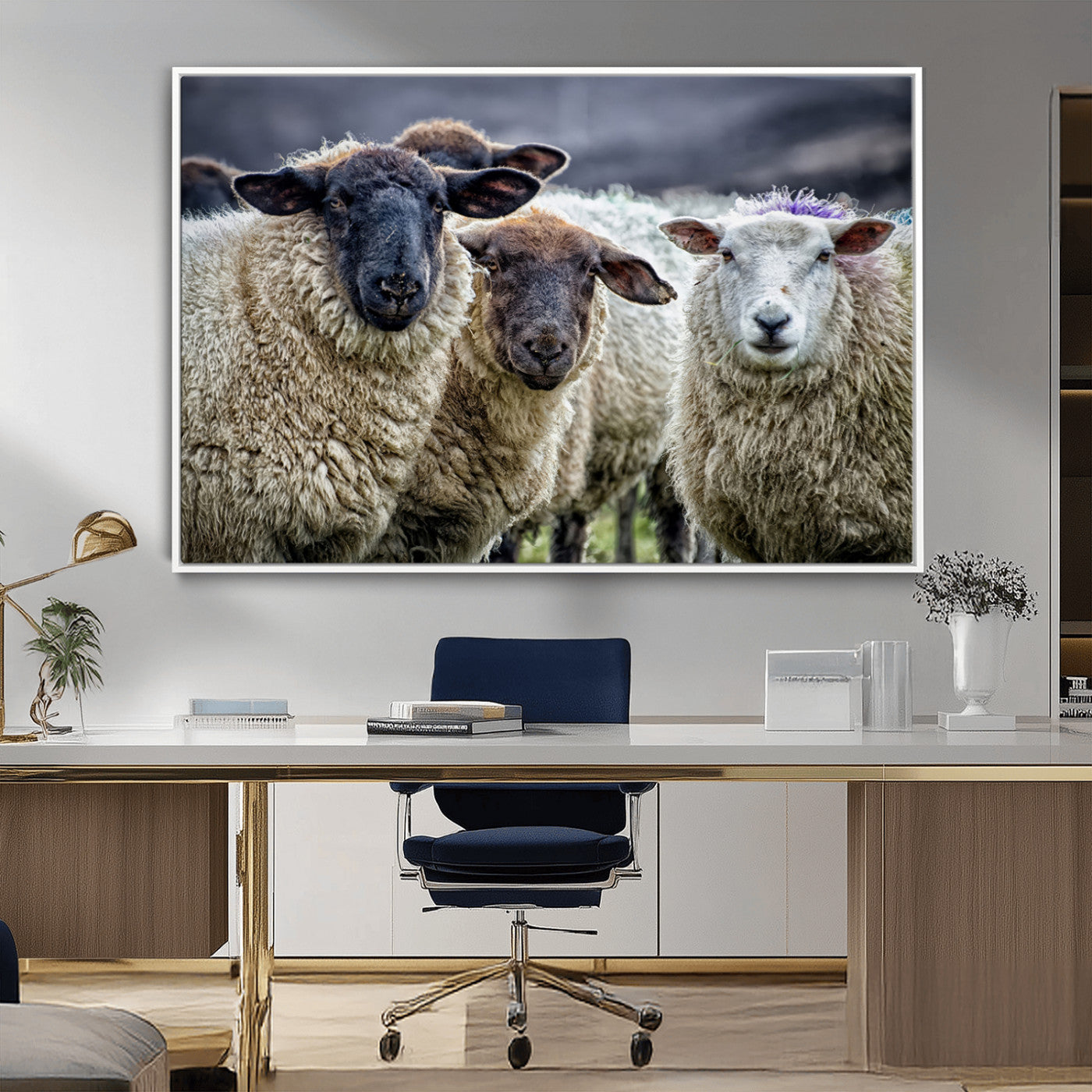 18418-MGV-FC-36X24_White-Sheep Wall Art Canvas Print, Framed Farmhouse Sheep Art Picture Print, Sheep Herd Perfect Rustic Farmhouse Decor Artwork