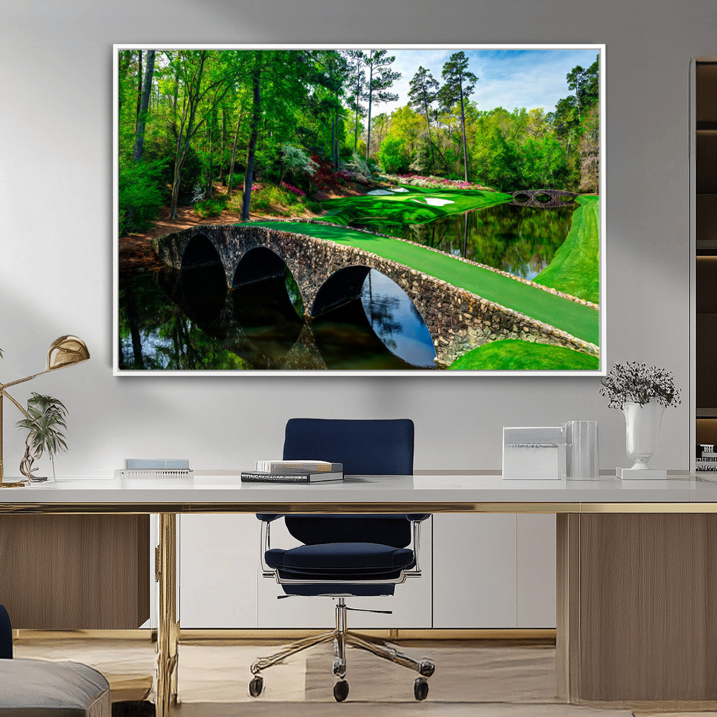 57655-MGV-CV-36X24-Golf Course Wall Art – Canvas Print Scenic Green Fairway Stone Bridge Water Reflection Landscape, Classic Sports Decor for Office,