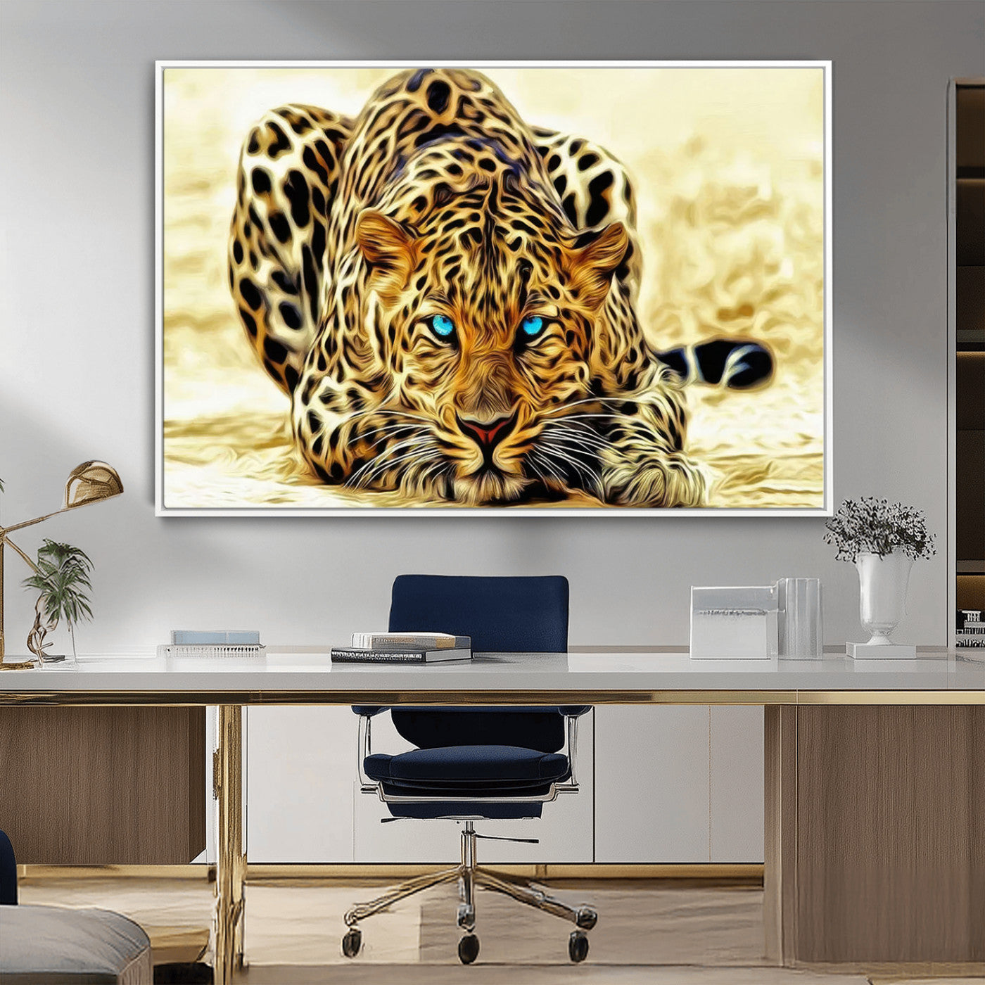 45281-MGV-FC-36X24_White-Blue Eye Leopard Wall Art Canvas Print, Framed Leopard Painting Art Picture Print, Big Cat Perfect Safari Wildlife Decor Artwork