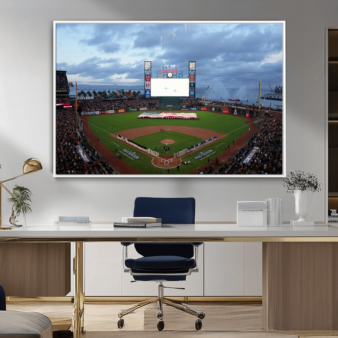 44631-MGV-FC-36X24_White-Oracle Park Stadium Wall Art Canvas Print, Framed San Francisco Giants Art Picture Print, Giants Stadium Field Perfect Sports Room