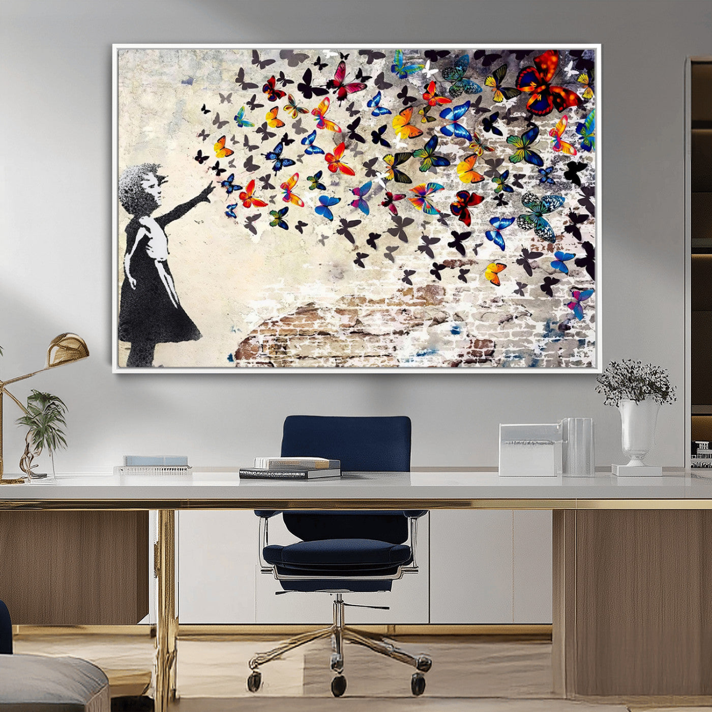 97895-MGV-FC-36X24_White-Girl with Butterflies Wall Art – Colorful Street Art Style Canvas Print, Modern Graffiti-Inspired Butterfly Artwork for Living