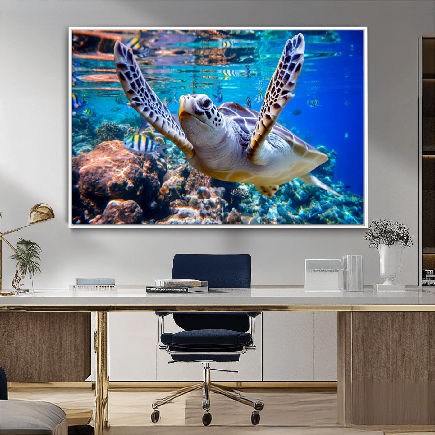 12683-MGV-CV-36X24-Sea Turtle Wall Art – Graceful Ocean Canvas Print with Coral Reef and Tropical Fish, Coastal Marine Life Decor for Beach House,
