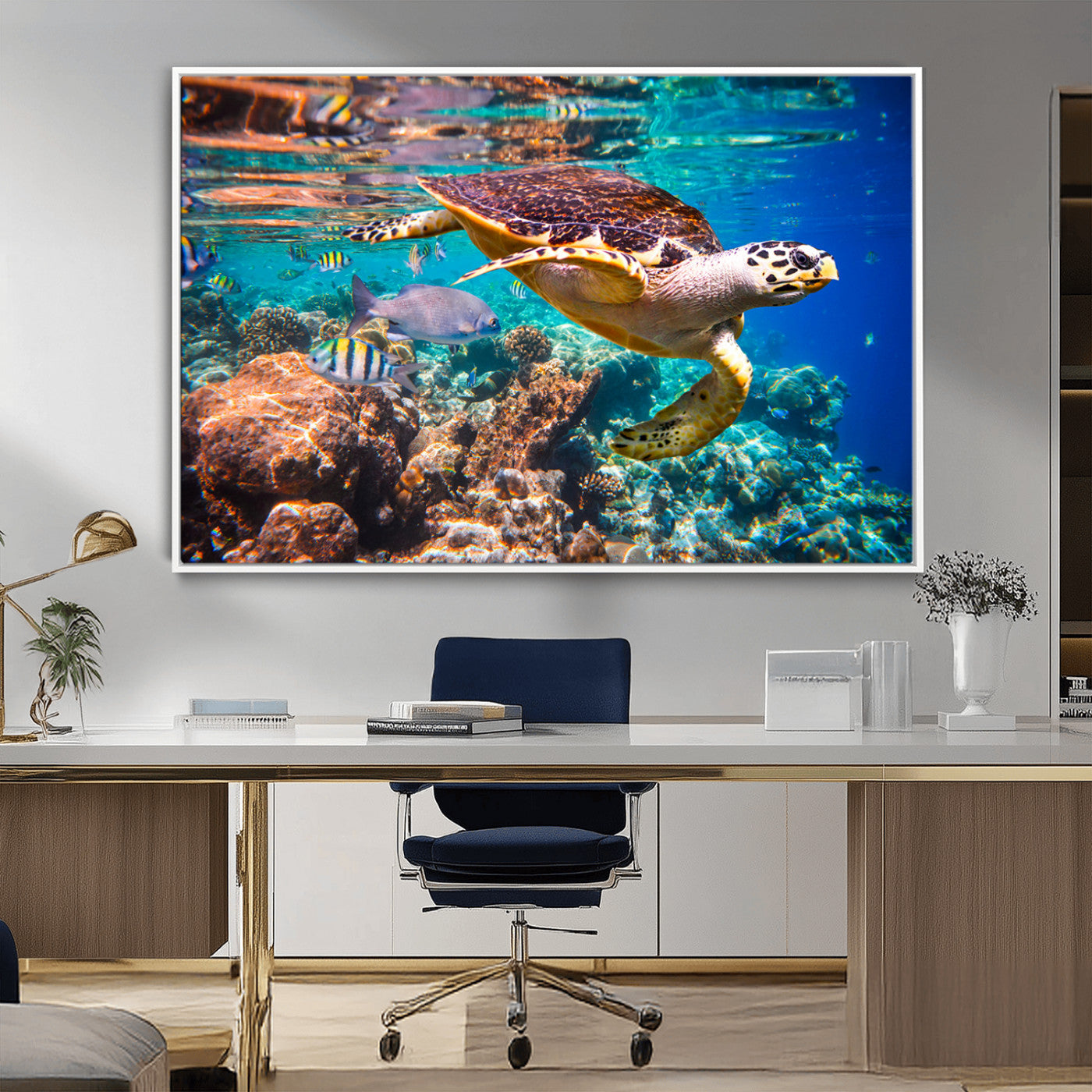 66614-MGV-CV-36X24-Sea Turtle Wall Art – Hawksbill Turtle Swimming Over Coral Reef Canvas Print, Ocean Marine Life Decor for Beach House, Coastal