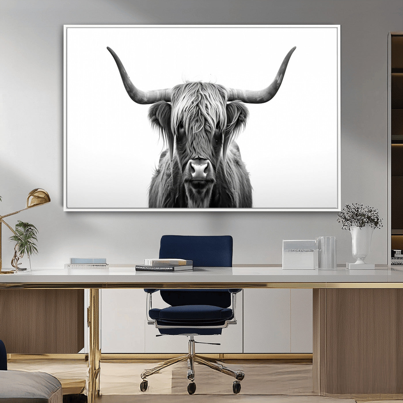 49556-MGV-CV-36X24-Highland Cow Wall Art – Black and White Scottish Highland Cattle Print, Rustic Farmhouse Minimalist Animal Portrait Canvas for