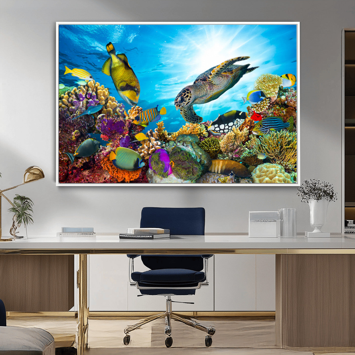 44772-MGV-CV-36X24-Underwater Sea Turtle Wall Art – Vibrant Coral Reef and Tropical Fish Canvas Print, Ocean Marine Life Decor for Living Room,