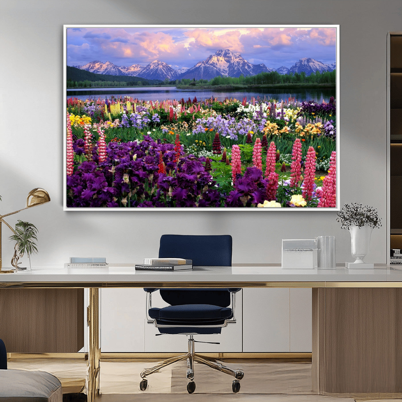 82270-MGV-FC-36X24_White-Colorful Wildflower Meadow Landscape Wall Art – Snow-Capped Mountain Lake Sunset Print, Vibrant Nature Artwork for Living Room,