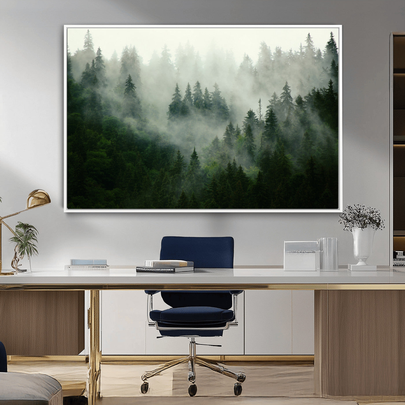 167720496-MGV-CV-36X24-Misty Forest Wall Art – Serene Evergreen Trees Canvas Print, Foggy Mountain Nature Landscape Decor for Bedroom, Living Room or