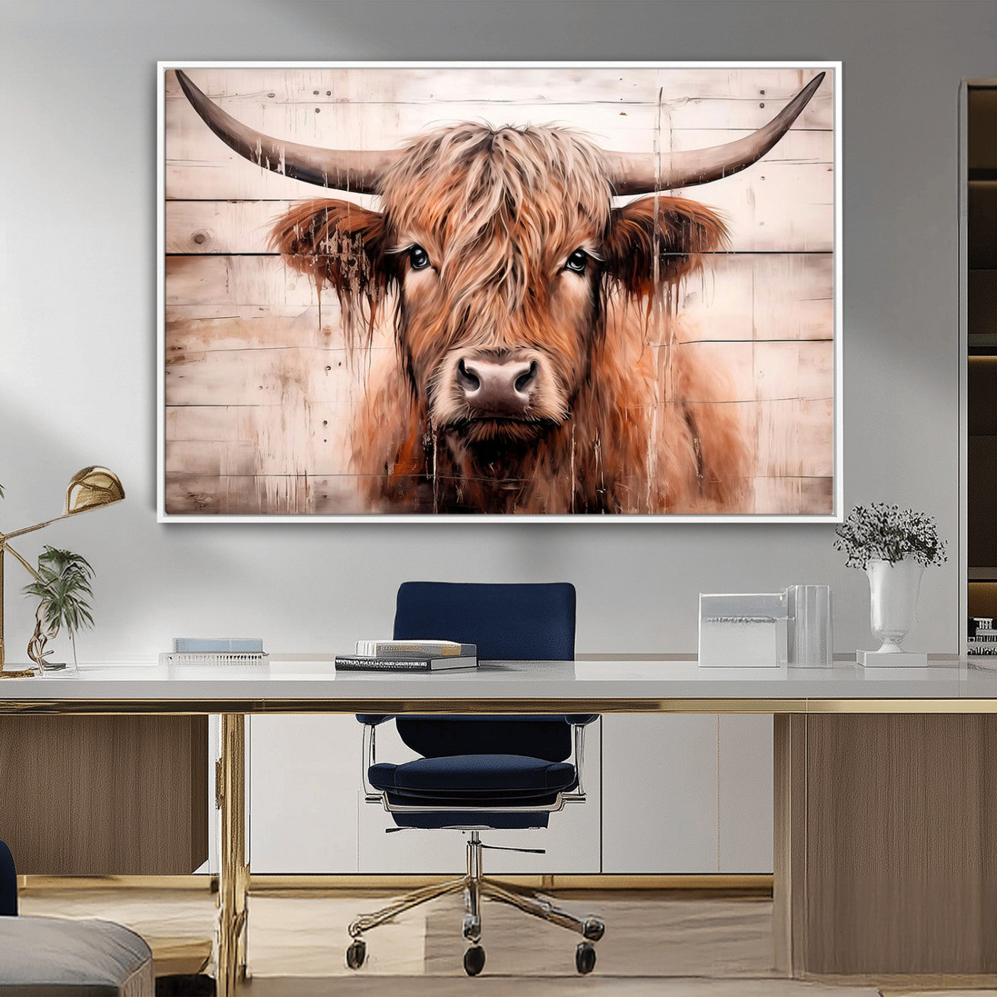 93730-MGV-CV-36X24-Scottish Cow Wall Art Canvas Print, Framed Longhorn Cow Art Picture Print, Highland Cattle Perfect Rustic Farmhouse Decor Artwork