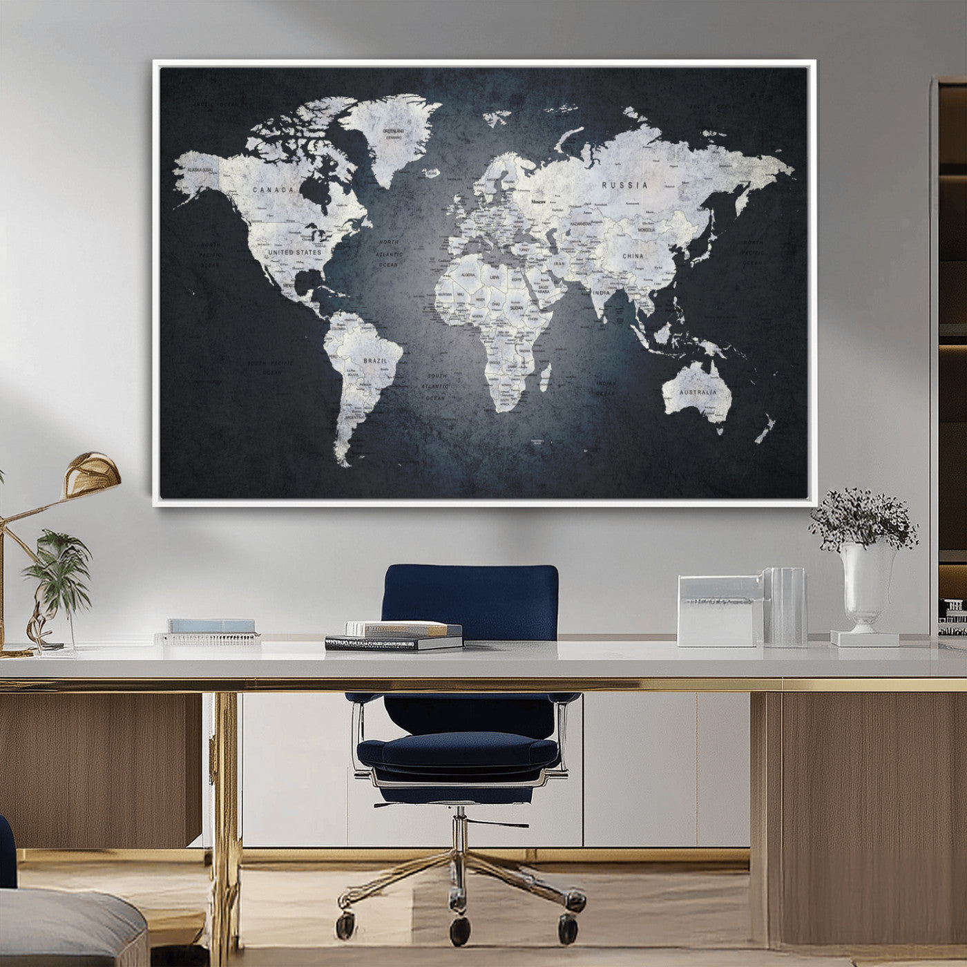 19124-MGV-CV-36X24-Modern World Map Wall Art – Black and White Canvas Print, Minimalist Global Map Decor for Office, Study, Bedroom or Living Room