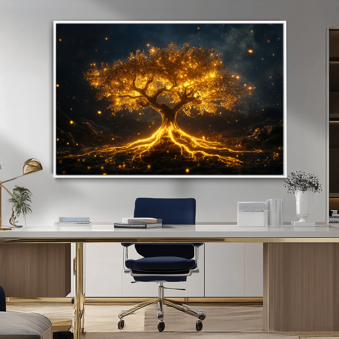 60194-MGV-CV-36X24-Glowing Tree Wall Art – Golden Roots Fantasy Canvas Print, Mystical Illuminated Tree Painting Poster for Living Room, Bedroom,