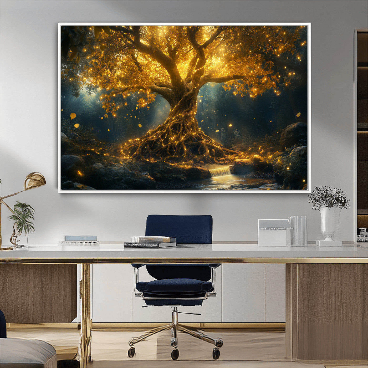 92739-MGV-CV-36X24-Glowing Tree Wall Art – Enchanted Golden Forest Canvas Print, Mystical Illuminated Nature Painting Poster for Living Room,