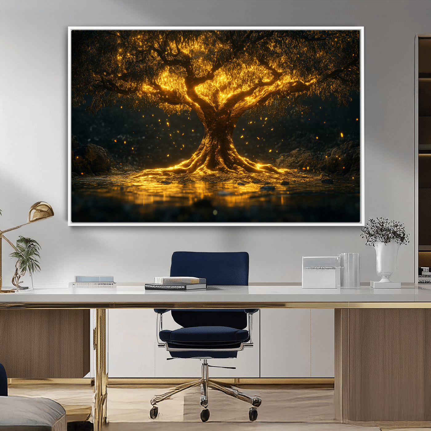 59580-MGV-CV-36X24-Glowing Tree Wall Art – Golden Fantasy Nature Canvas Print, Mystical Illuminated Tree Painting Poster for Living Room, Bedroom,