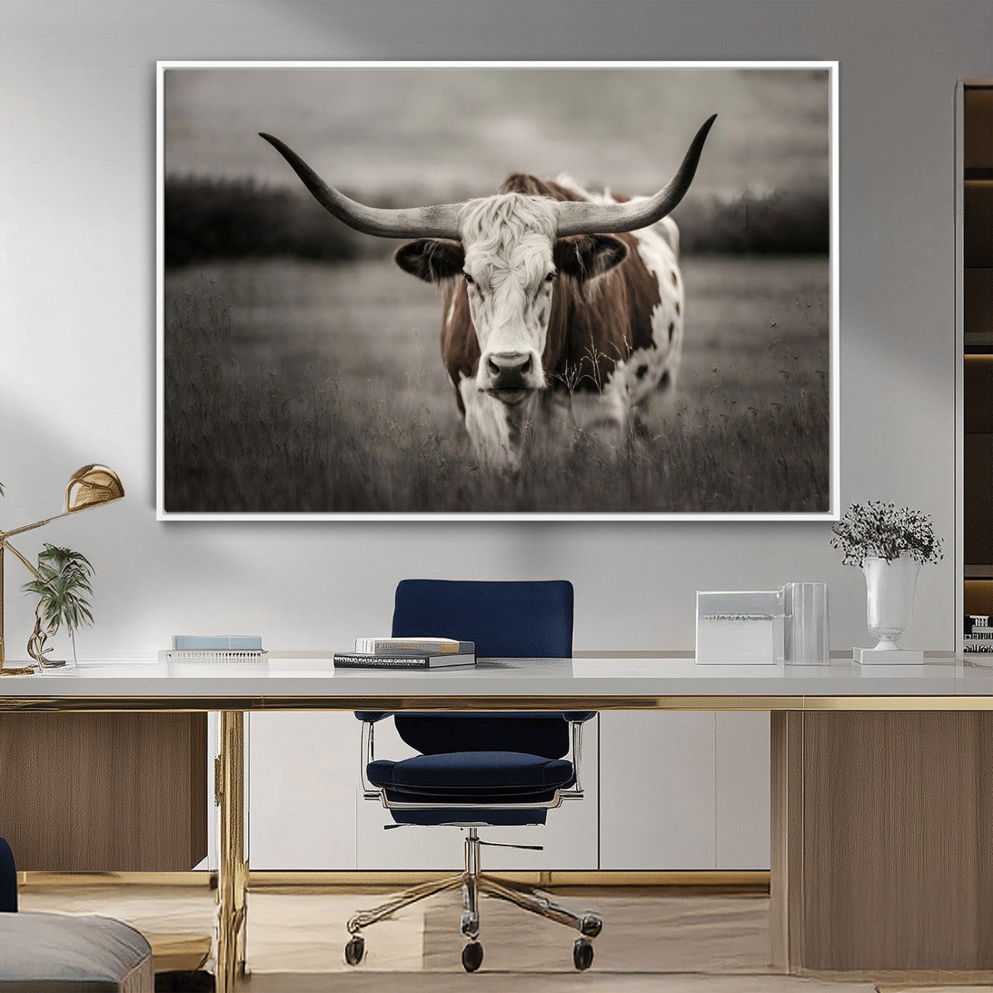 69238-MGV-FC-36X24_White-Longhorn Bull Wall Art – Rustic Black and White Texas Cattle Canvas Print, Western Farmhouse Animal Photography for Living Room,