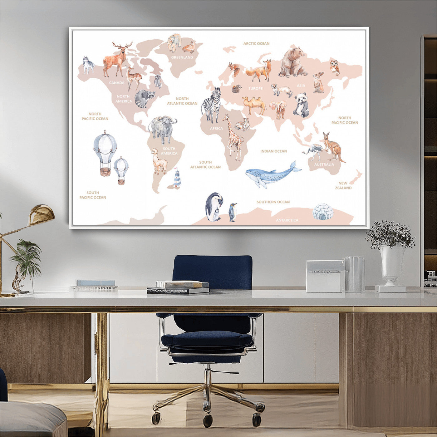 30495-MGV-FC-36X24_White-Animal World Map Wall Art – Watercolor Animal Canvas Print, Educational Global Map Poster for Kids Room, Nursery, Playroom,