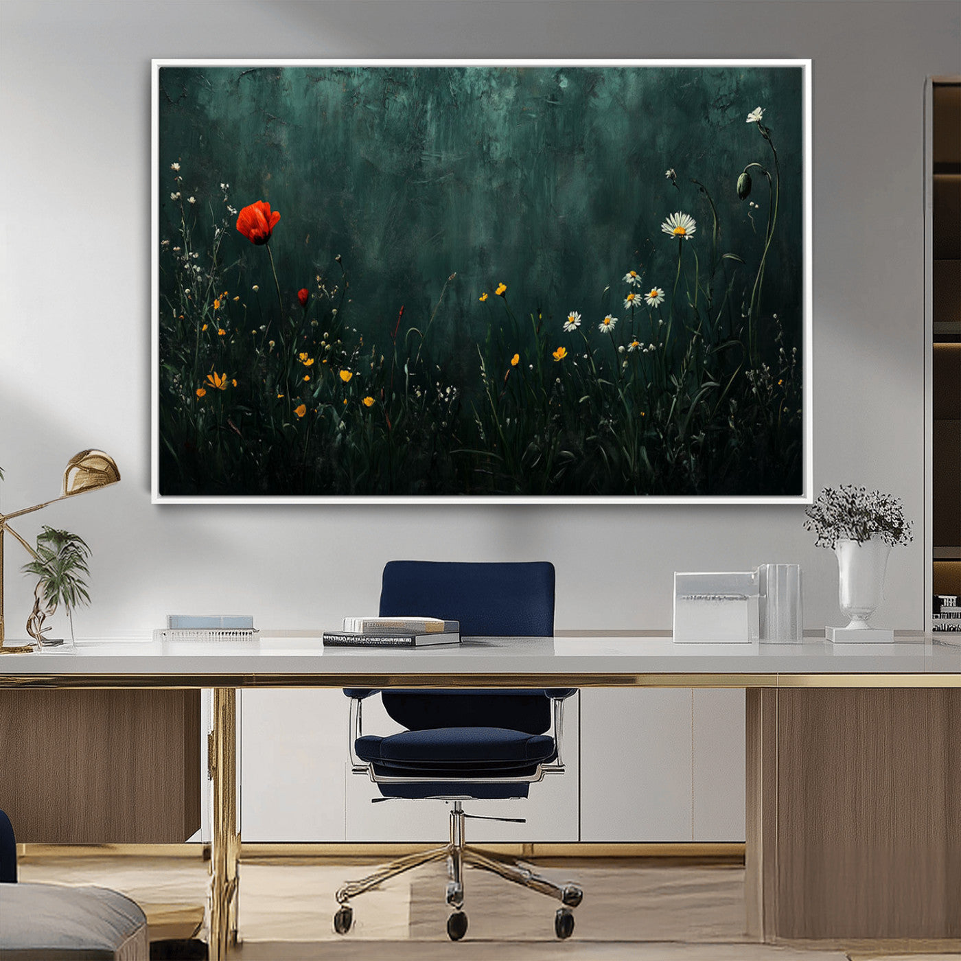 26218-MGV-CV-36X24-Wildflower Wall Art – Dark Botanical Floral Canvas Print, Modern Nature Painting Poster with Daisy Poppy Yellow Flowers for Living