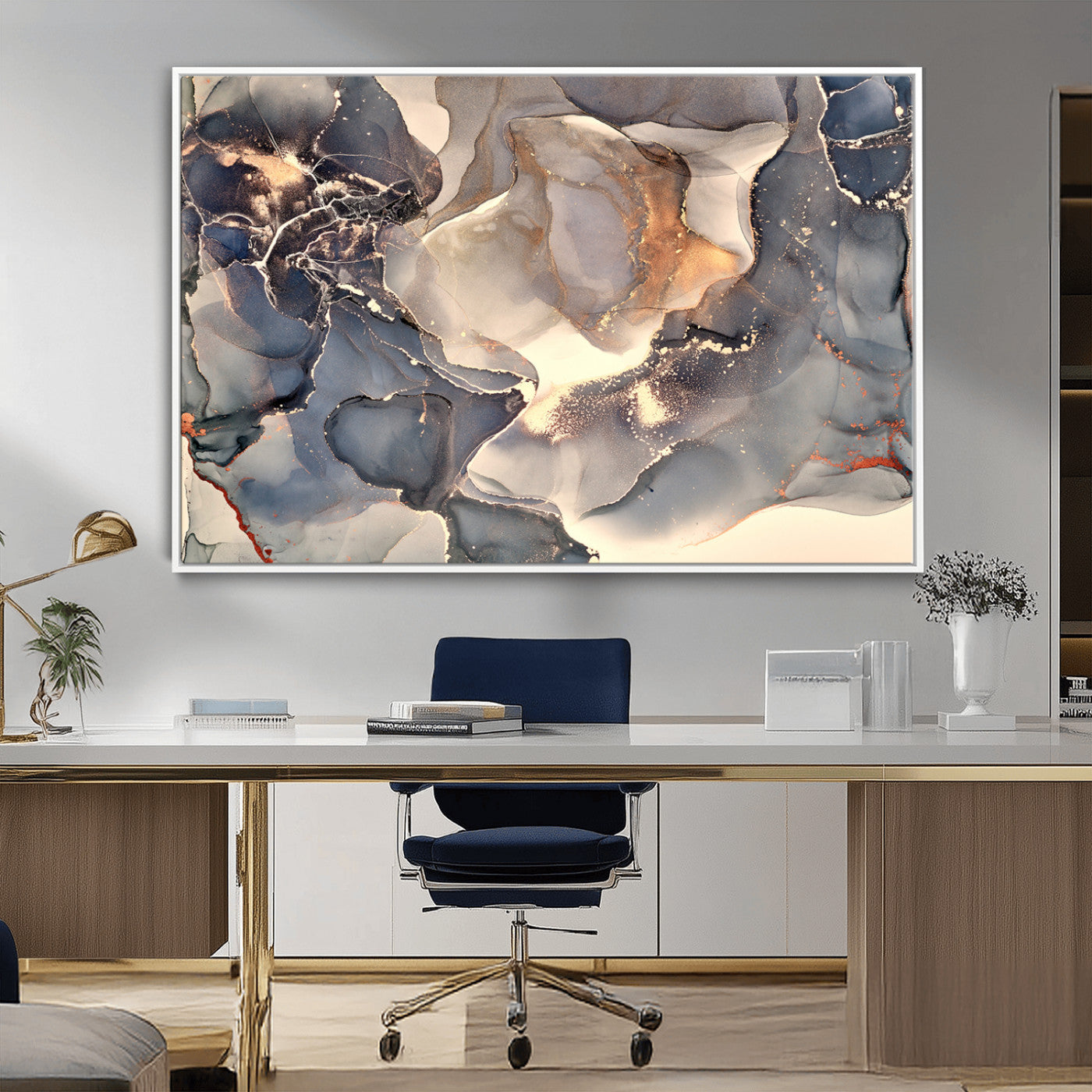 18202-MGV-CV-36X24-Abstract Neutral Wall Art – Blue, Beige and Gold Fluid Ink Canvas Print, Modern Minimalist Painting for Living Room, Office