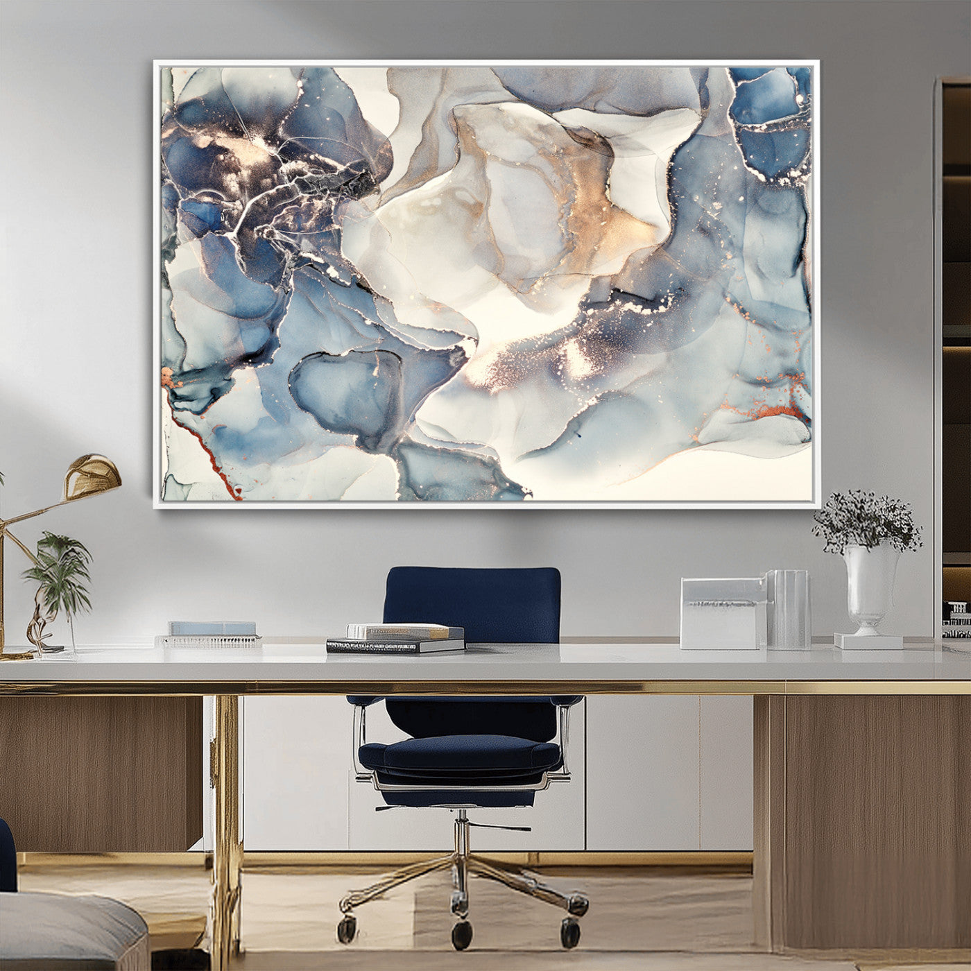 51497-MGV-CV-36X24-Abstract Blue and Gold Wall Art – Modern Fluid Ink Style Canvas Print, Elegant Contemporary Decor for Living Room, Office