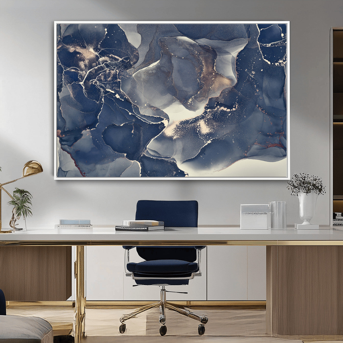 28282-MGV-CV-36X24-Blue Abstract Wall Art – Modern Ink Swirl Canvas Print, Contemporary Navy and Gold Painting for Living Room, Bedroom, Office or