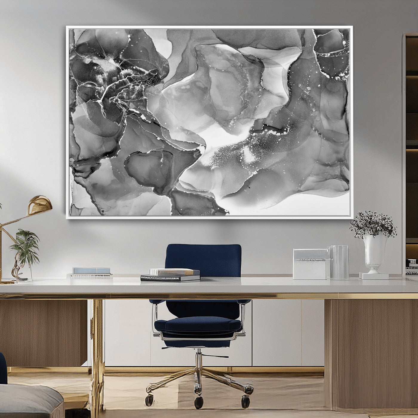 15911-MGV-CV-36X24-Black and White Abstract Wall Art – Modern Ink Swirl Canvas Print, Minimalist Contemporary Painting for Living Room, Bedroom,