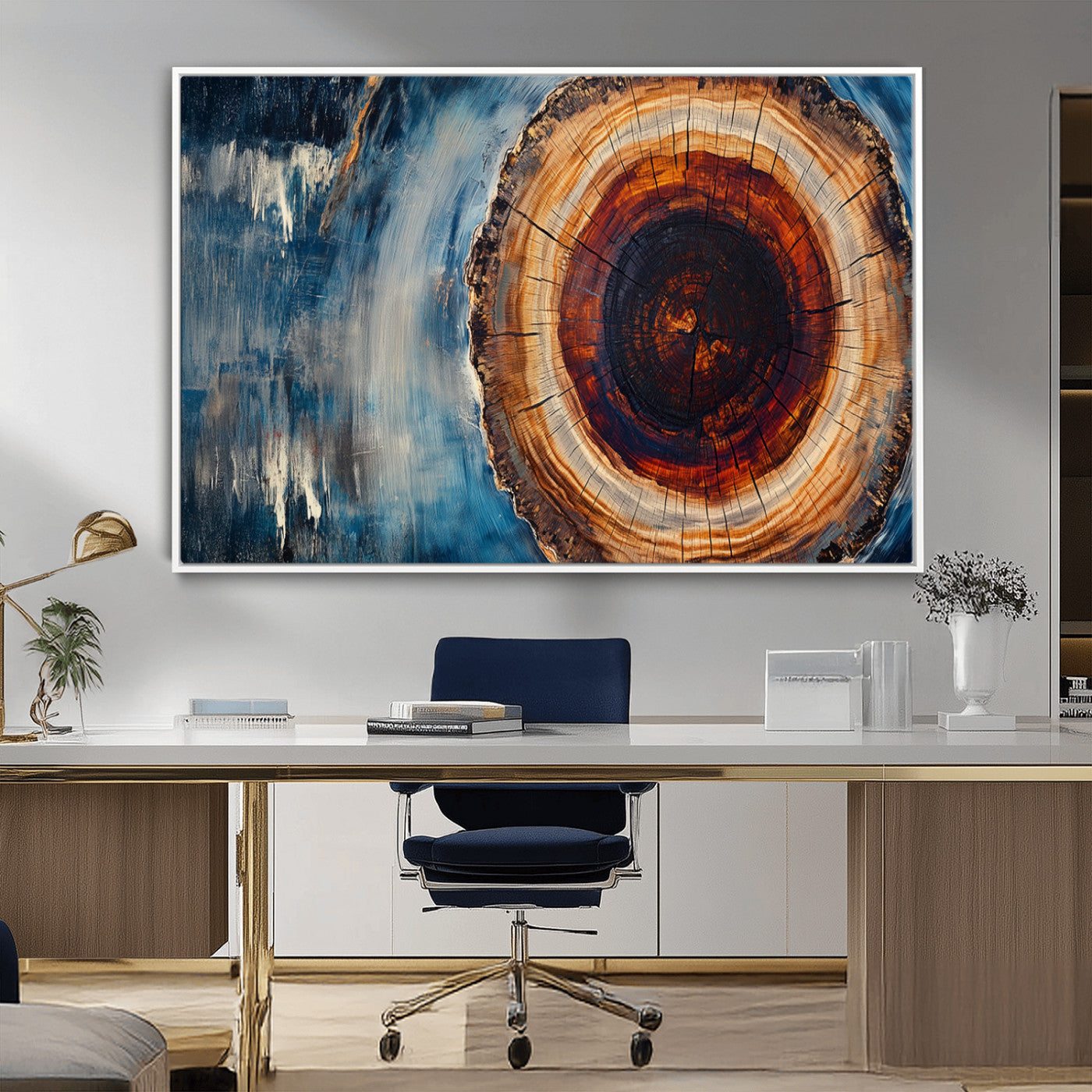 48045-MGV-CV-36X24-Tree Ring Abstract Wall Art – Rustic Wood Grain Canvas Print with Brown Center and Blue Brush Strokes, Nature Inspired Artwork for