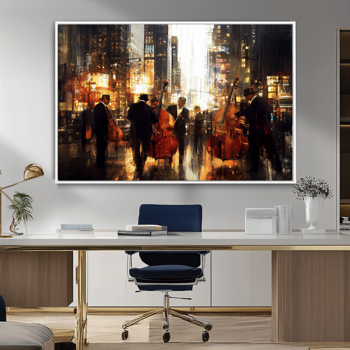58782-MGV-FC-36X24_White-Jazz Musicians Cityscape Wall Art – Vibrant Urban Night Canvas Print, Elegant Music Themed Decor for Living Room, Office, or Music