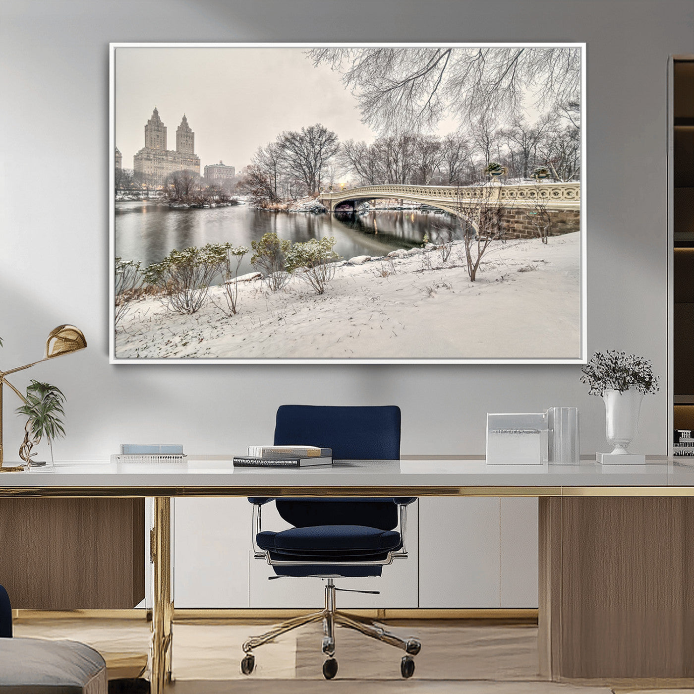 60292-MGV-CV-36X24-Central Park Winter Wall Art – Snowy Bow Bridge Canvas Print, Scenic New York City Landscape Photography for Living Room, Bedroom