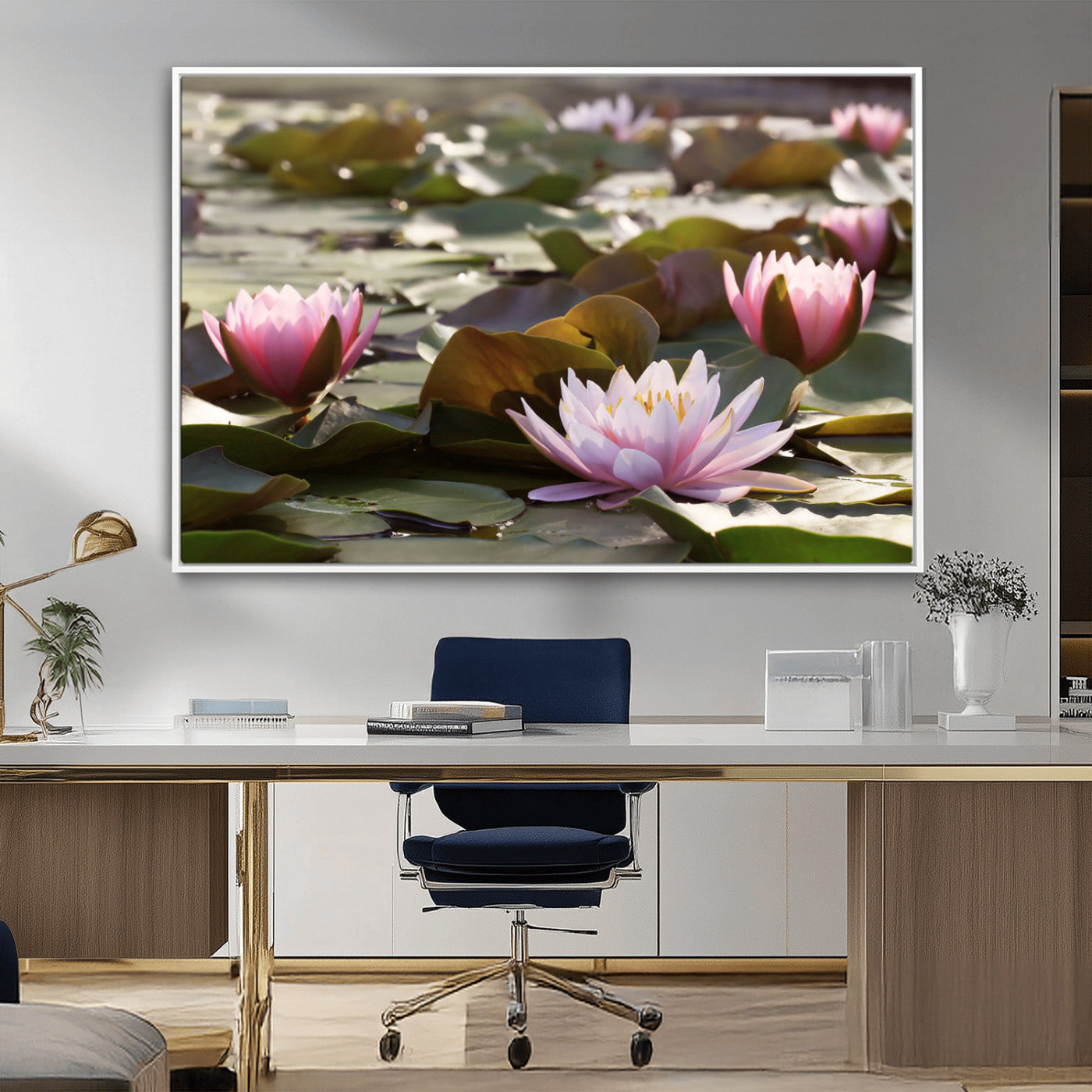 72218-MGV-CV-36X24-Water Lily Pond Wall Art – Pink Lotus Flowers Canvas Print with Green Lily Pads, Peaceful Botanical Artwork for Living Room,