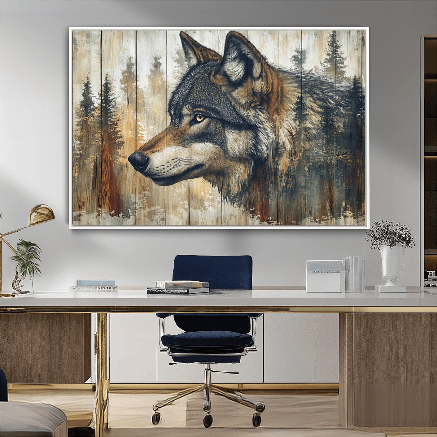 91882-MGV-CV-36X24-Wolf Wall Art – Rustic Canvas Print of Forest Wolf on Wood Background, Wildlife Lodge Artwork for Living Room, Bedroom, Cabin, or