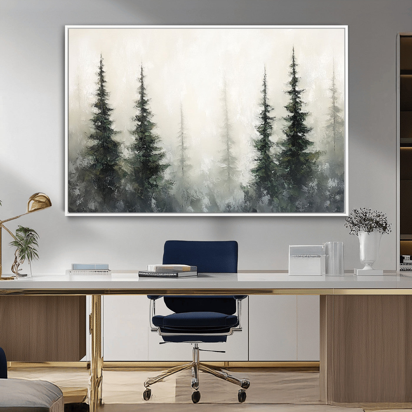 33241-MGV-CV-36X24-Misty Forest Wall Art Canvas Print, Framed Foggy Pines Art Picture Print, Forest Haze Perfect Rustic Minimalist Decor Artwork