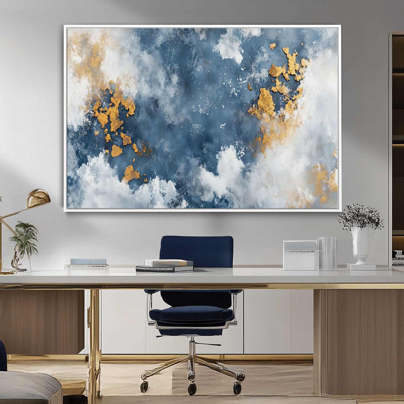 39575-MGV-CV-36X24-Blue and Gold Abstract Wall Art – Modern Canvas Print Featuring Cloudy Textures with Metallic Accents, Contemporary Artwork for