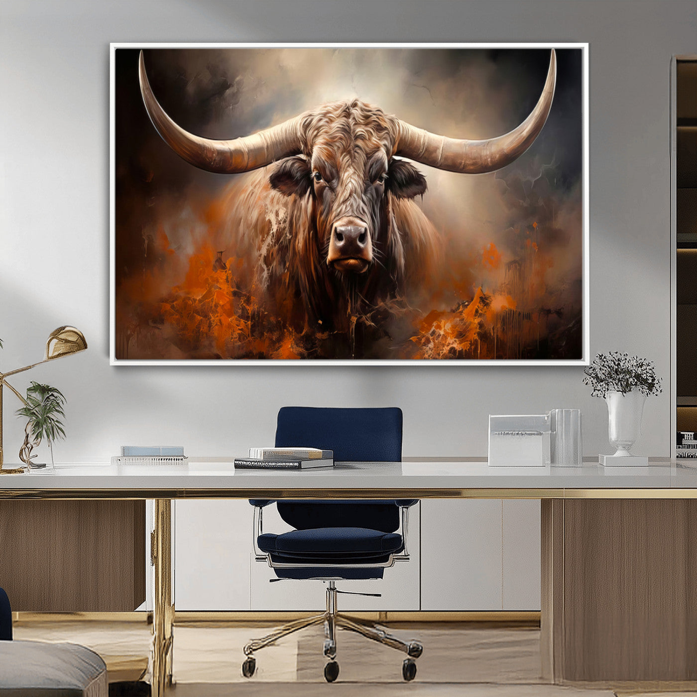 240479-MGV-CV-36X24-Longhorn Bull Wall Art – Dramatic Western Canvas Print Featuring Horned Bull with Fiery Background, Rustic Farmhouse Artwork for