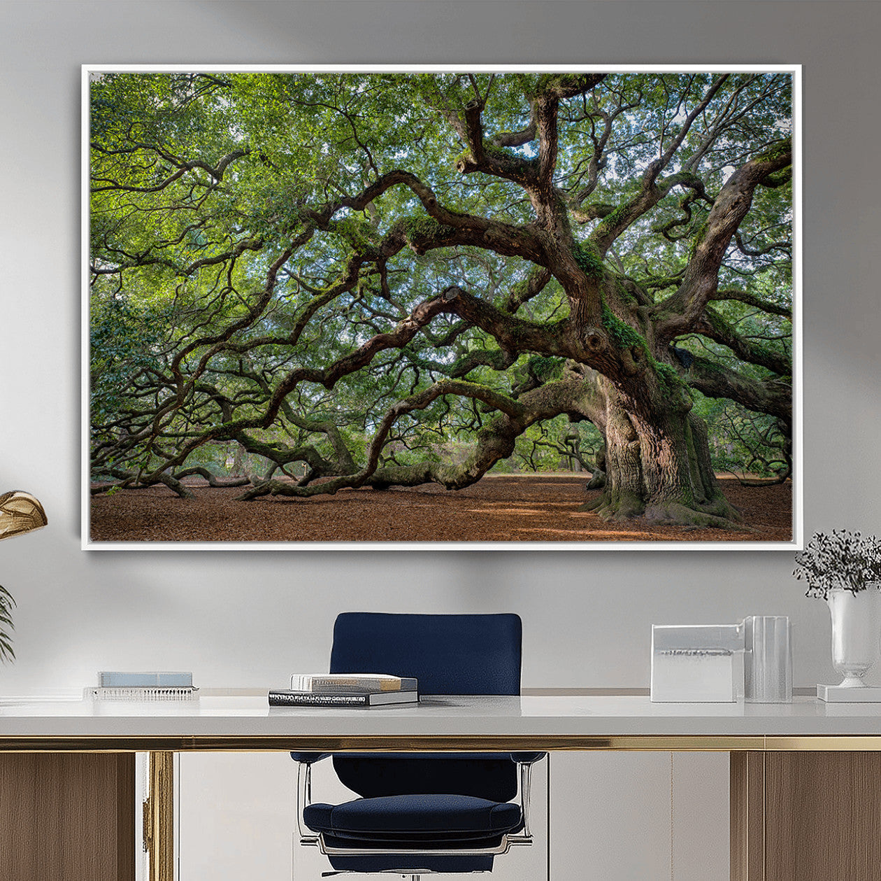 MGV-FC-36X24 - Historic Tree Wall Art Canvas Print, Framed Mossy Tree Art Picture Print, Twisted Branches Perfect Nature Southern Decor Artwork